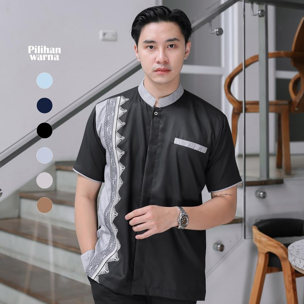 Premium Baju Koko Muslim Bordir Pria Dewasa Lengan Pendek Katun Madinah Warna