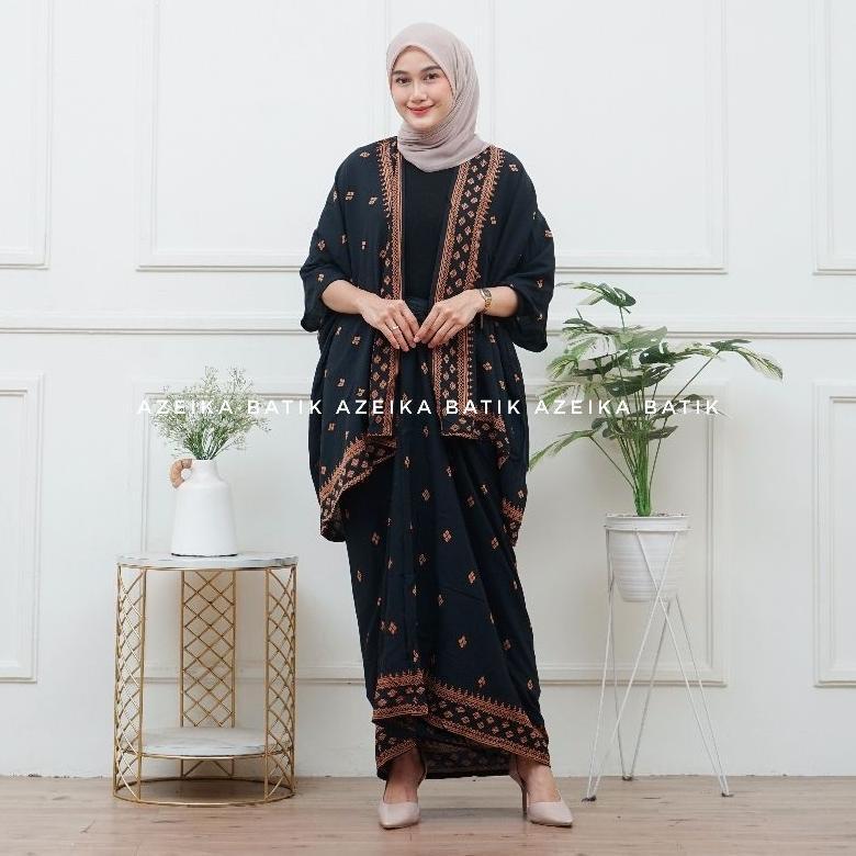 Cardigan Batik Wanita One Set Rok Lilit Baju Kondangan Kekinian Outer Batik Kimono Set Kebaya Modern