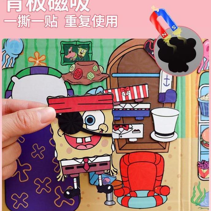 Toysficrim- Sl88-Spongebob Magnetic Diy Sticker Book Ukuran Jumbo Untuk Anak Cowok/ Mainan Buku Stik