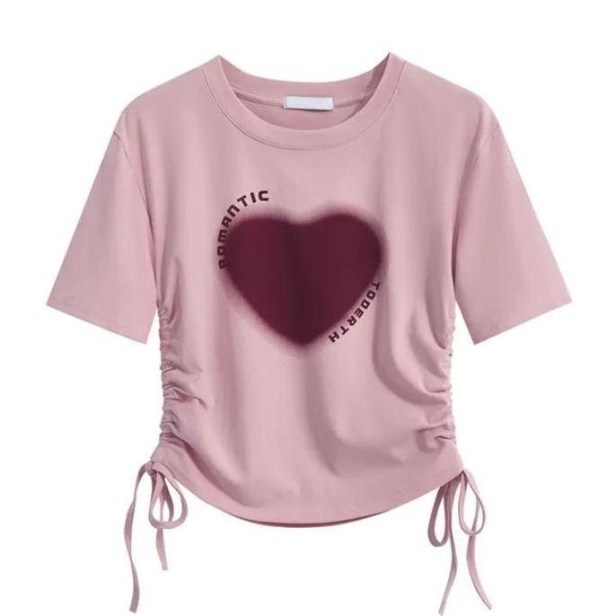 Ready Baju Atasan Tali Serut Samping Wanita Motif Hati Atasan Kaos Wanita - BJ1831
