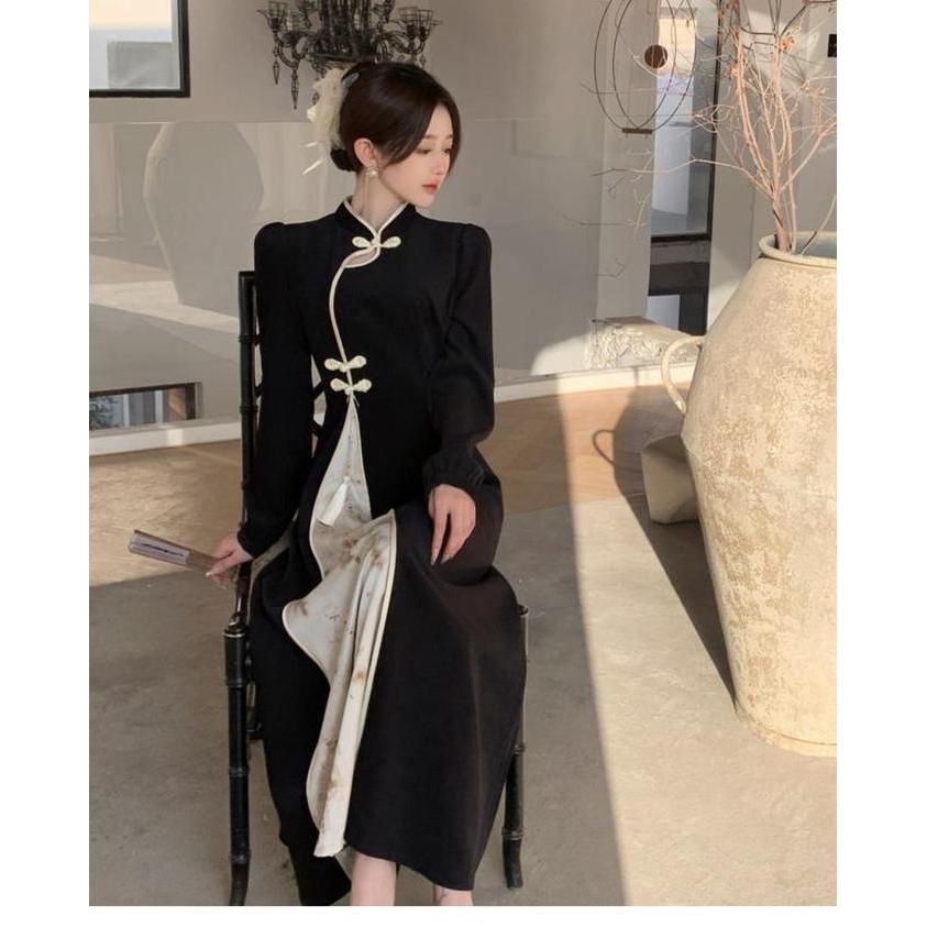 DF184 - Dress Qipao Gaya Oriental Korea Vintage Retro Klasik Dress Panjang Cheongsam