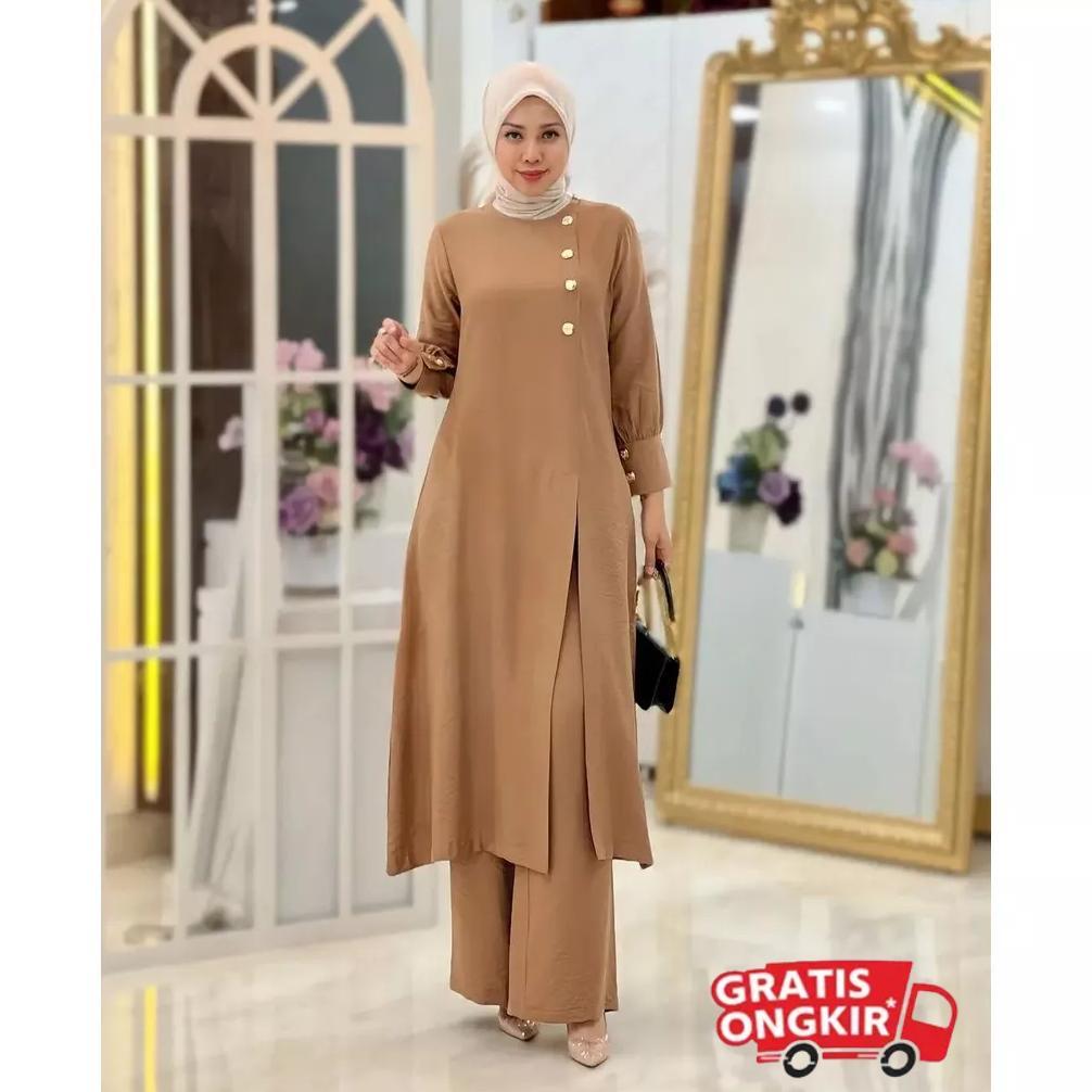 Gratis Ongkir Setelan Crinkel Airflow Premium Adeline Set Wanita Tunik Celana Kulot Saku Kanan Kanci