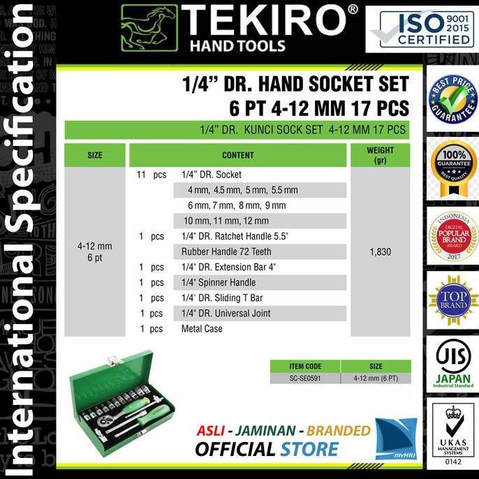Kunci Sok Set 17 pcs 1/4" inch Stang 4~12 mm 6 PT Box Besi TEKIRO