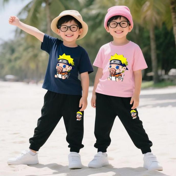 LA10 }} Baju Setelan Anak Laki Laki - Pakaian Kaos dan Celana Panjang Fashion Anak Cowok Usia 5-15 T