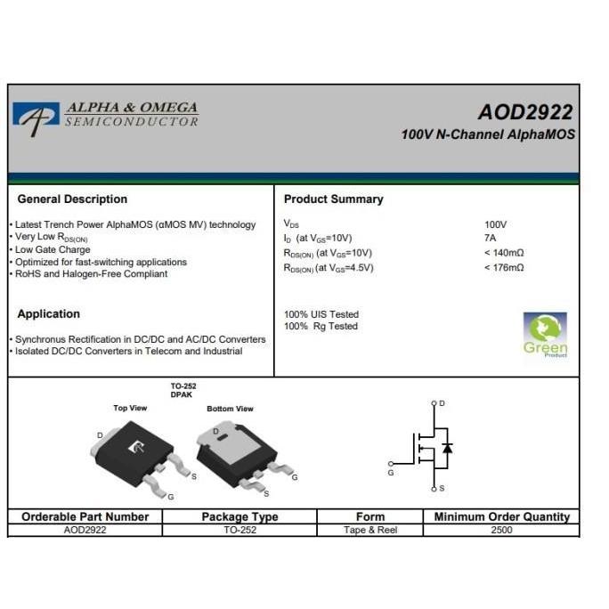 ORIGINAL AOD2922 D2922 100V 7A N-Channel AlphaMOS DPAK TO-252 - AO