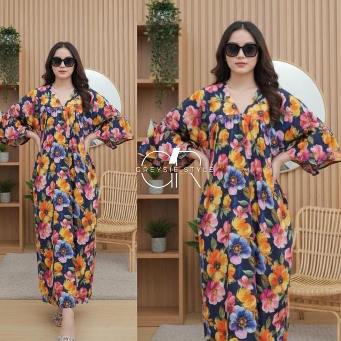 Ftx- Daster Dress Terbaru Motif Rayon Premium Lengan Lonceng Dress V Neck Resleting Busui 2025