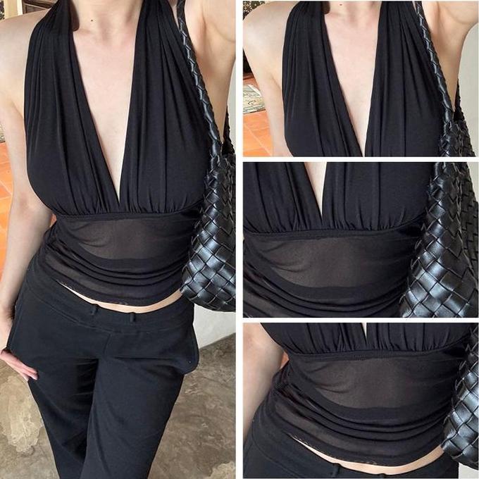 Rompi Jaring Wanita Seksi dan Panas Leher Gantung Kamisol V-neck Atasan Pendek Serbaguna untuk Wanit