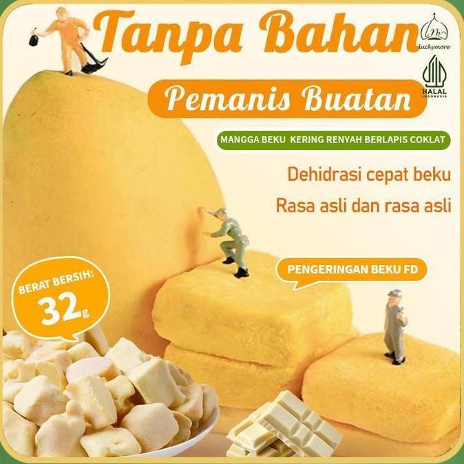 yaaliya219 - luckymorehalal mangga beku kering renyah berlapis coklat 32gr , cemilan sehat,tanpa gul