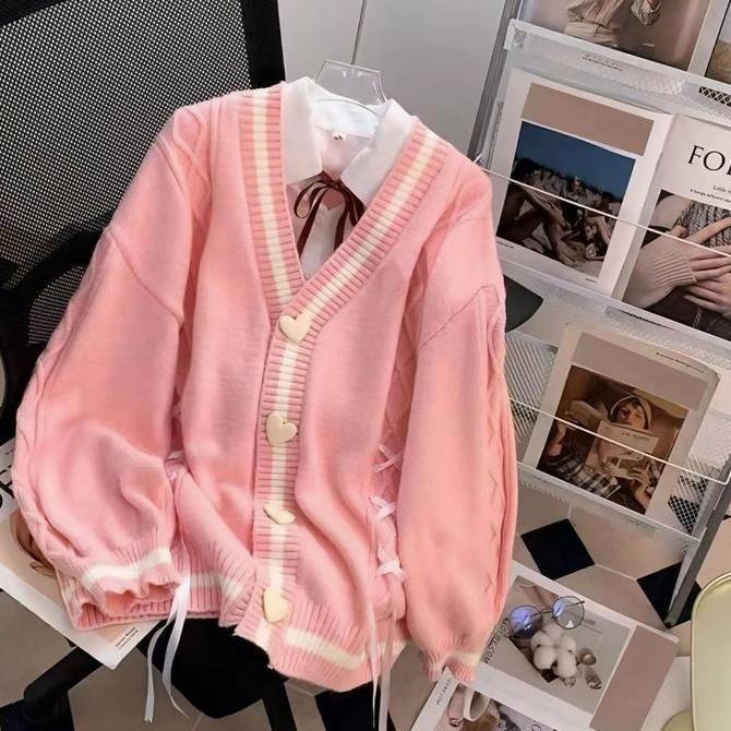 Gs - Cardigan Rajut Pita Love Korea Outer Wanita Remaja Girly | Cardigan Lucu Pita Cute Tebal Oversi