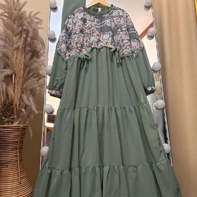 Delisha Gamis Muslim Hijab Anak Perempuan Bahan Ceruty Babydoll Mix Katun Bordir/ Gamis Anak Usia 3 