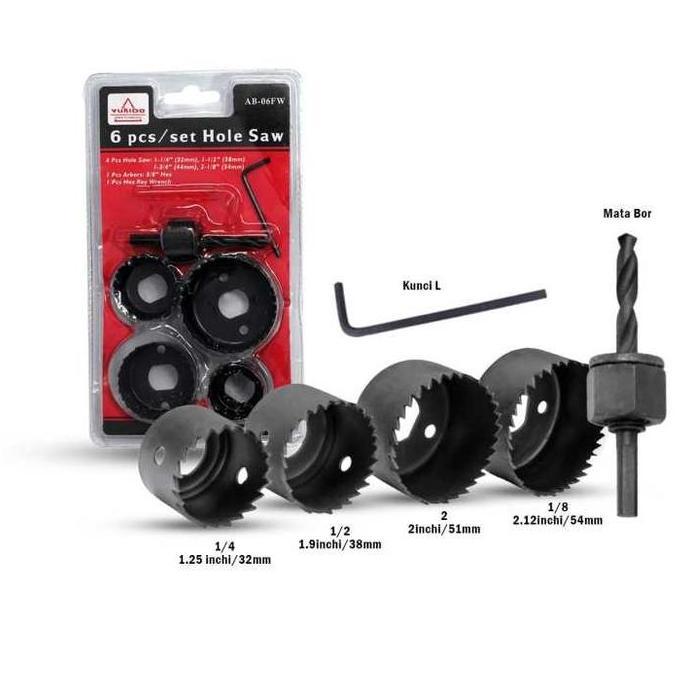 Set Mata Bor Pelubang Kayu/PVC/Plastik YUKIDO AB-06FW 6 Pcs Lengkap dengan kunci dan mata bor kayu r
