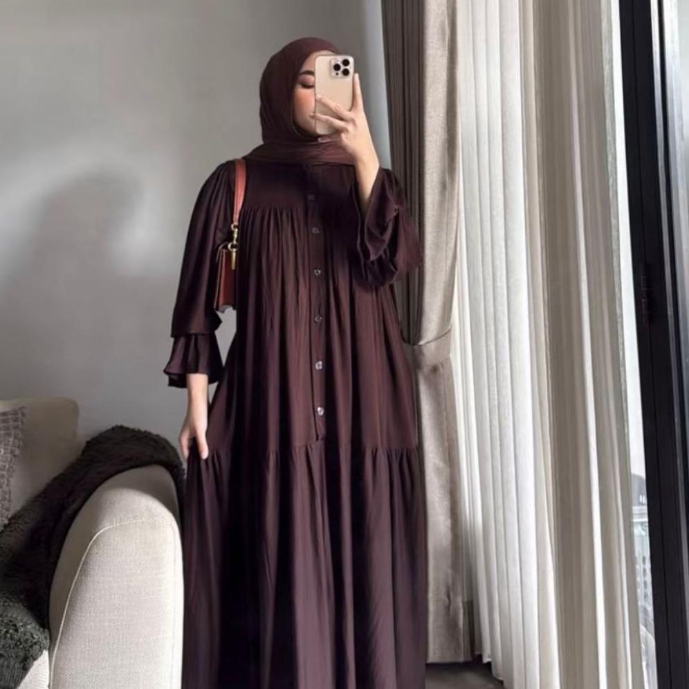 New Product Nagita Dress Gamis Rayon Twill - Gamis Lebaran Model Lengan Balon Kancing Depan Busui Fr