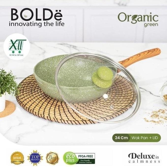 Bolde O~Tw92Dl Organic Green Ceramic Wok Pan + Lid 24 Cm Wajan Penggorengan Masak Keramik Anti Lengk