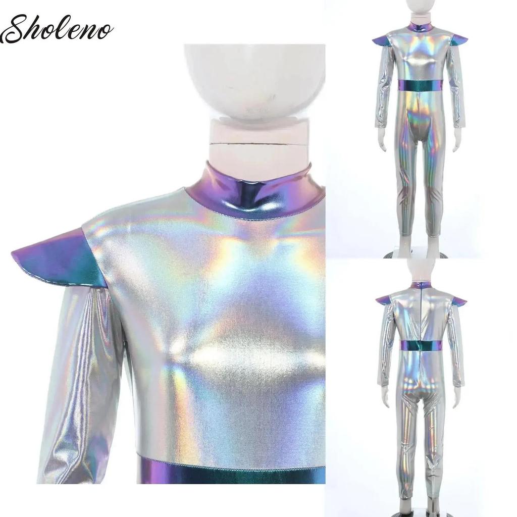 Kids Alien Cosplay Halloween Costume Shiny Bodysuit Astronaut Tech Theme Party Outfit Role Play Jump