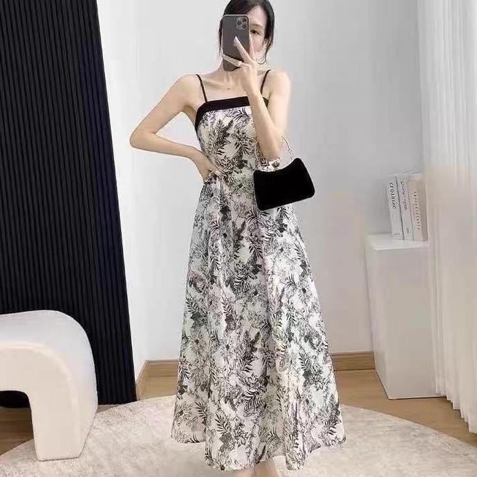 DR176 - Maxi Dress Floral Motif + Outer Cardigan Hitam Dress pesta Setelan dress cardigan long dress