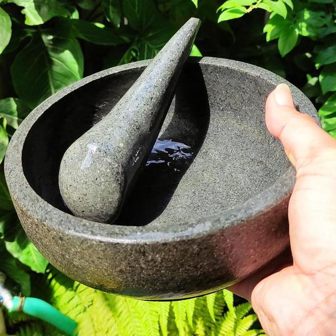 Cobek Batu Mangkok Cekung Batu Kali Super Halus 16cm 18cm 20cm + Ulekan AGR