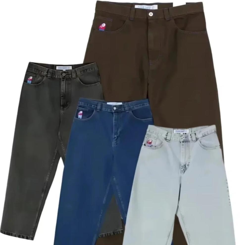 Hip Hop Retro Blue Cartoon Embroidery Jeans for men Gothic Baggy Streetwear Polar Big Boy Jeans Mens