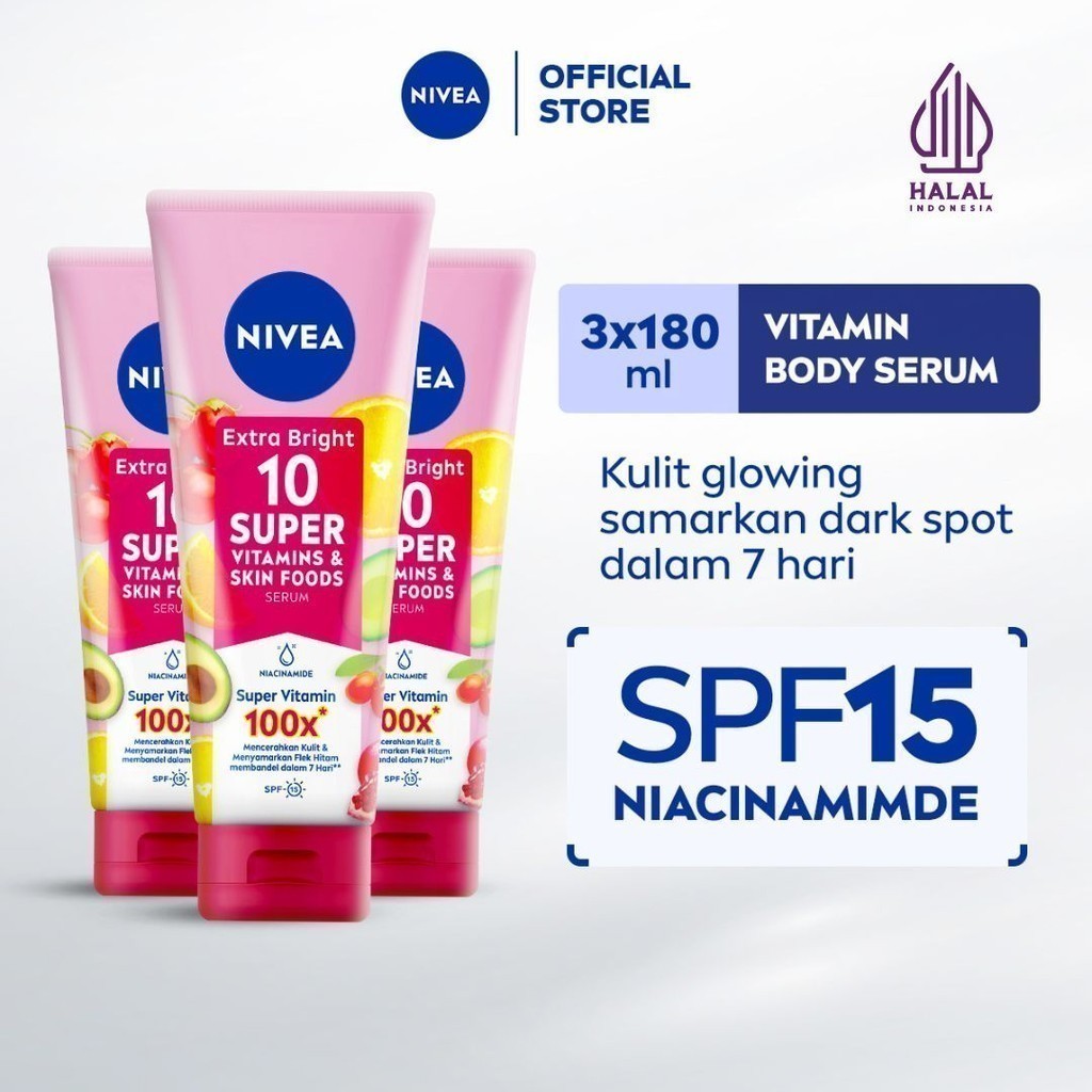 (PAKET HEMAT ISI 3) NIVEA Body Serum Extra Bright 10 Super Vitamins SPF15 180ml - Hand body serum mo