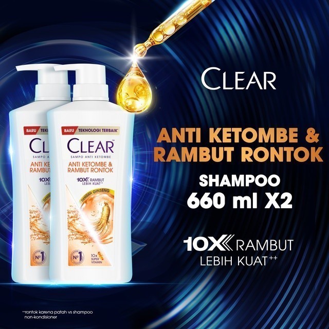 CLEAR Shampoo Anti Ketombe & Rambut Rontok, diperkaya dengan Ginseng 10x rambut lebih kuat lawan ron