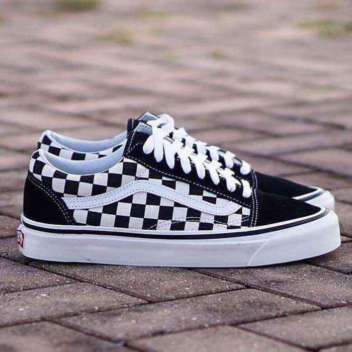 Sepatu Vans121 Old Skool Checkerboard Catur Hitam Putih Sneakers Unisex Skateboarding Pria Wanita Te