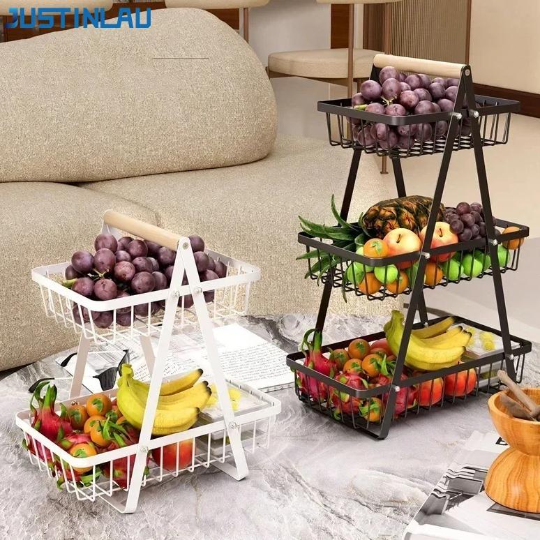 JUSTINLAU 2/3Tier Countertop Fruit Basket Detachable Fruits vegetables Storage Rack Metal Basket Bre