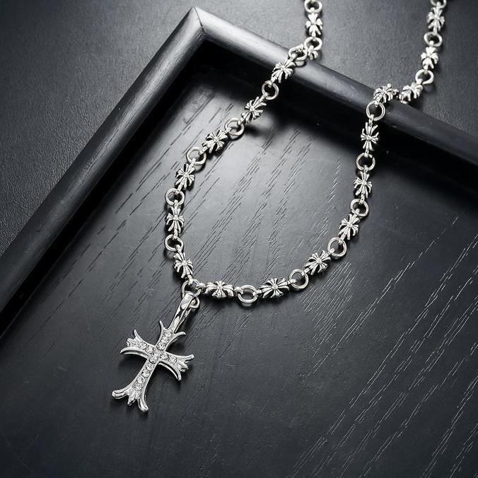 AURAVIBE-Kalung Hati Krom Pria Gelang Salib Berlian Platinum Perhiasan Wanita Vintage Perak Thailand