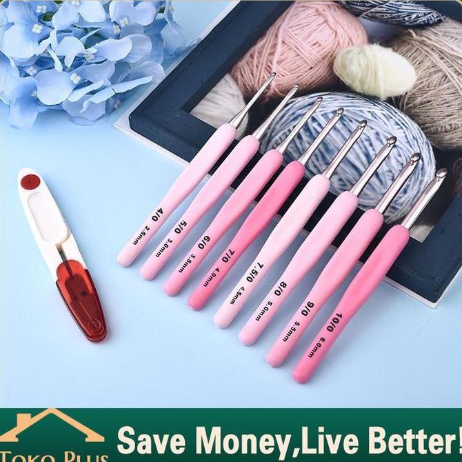 AVOCEAN 9pcs Merah Jambu Crochet Hook Case + Ergonomic Crochet Hooks + Gunting