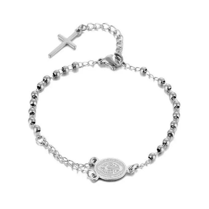 Set Kalung Dan Gelang Salib Rosario Titanium Lapis Emas Asli Gaya Korea Terbaru Kekinian Anti Karat 