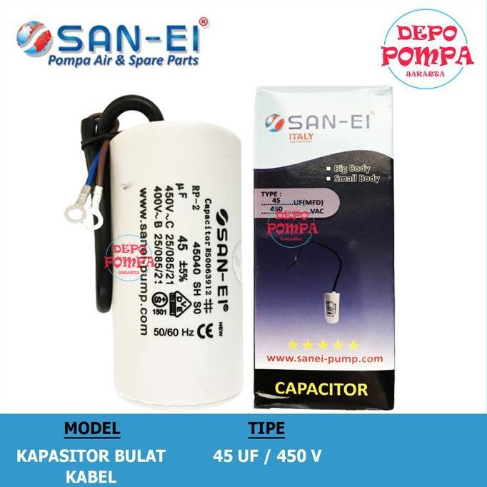 Kapasitor Bulat Kabel San Ei 45 Uf - 450 V / Kapasitor Pompa Air Baru