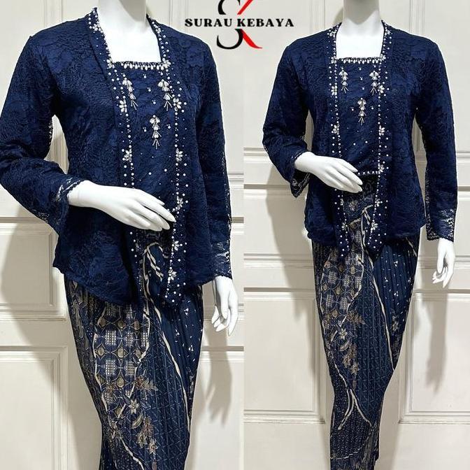 MD89 - Setelan Kebaya Kutubaru Brokat Kombinasi Payet Dengan Bawahan Rok Plisket Batik / Set Wisuda 