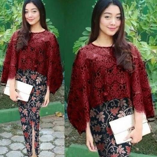 AI89 ~ Kebaya Wanita Cape Brukat Modern Set Kebaya Wisuda Rok Panjang Model Lengan Batwing Kelelawar