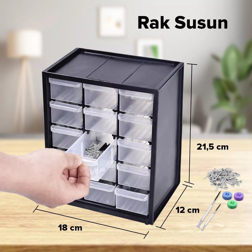 Etalase Mini Kotak Obat2an Laci Kecil Susun Rak Plastik 15 Slot Kotak Spare Part Kenmaster FREE BUBB