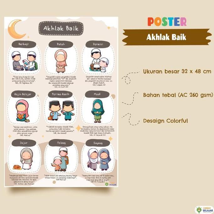 Lembar Belajar Poster Edukasi Aesthetic Seri Adab Makan, Tidur, Keluar Masuk Rumah, di Kamar Mandi d