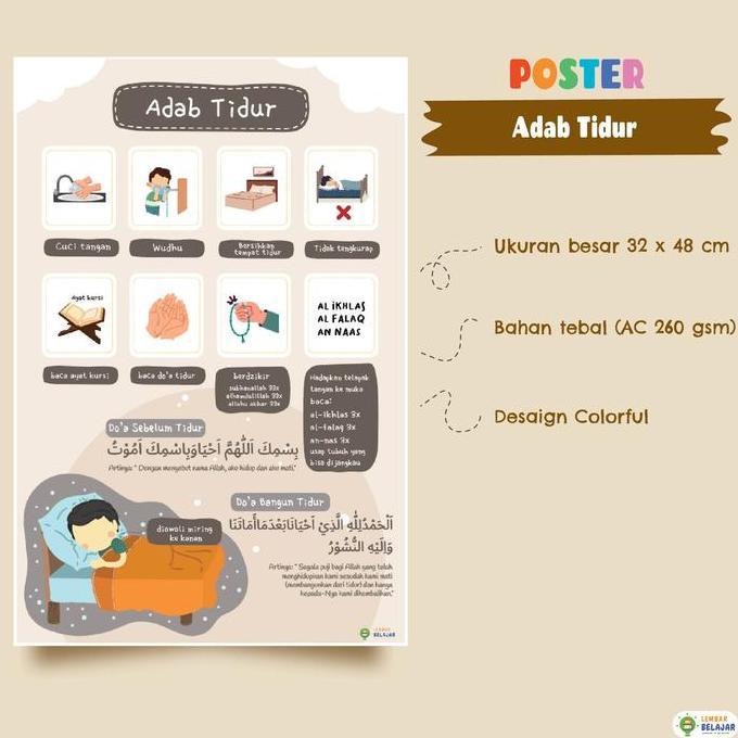 Lembar Belajar Poster Edukasi Aesthetic Seri Adab Makan, Tidur, Keluar Masuk Rumah, di Kamar Mandi d