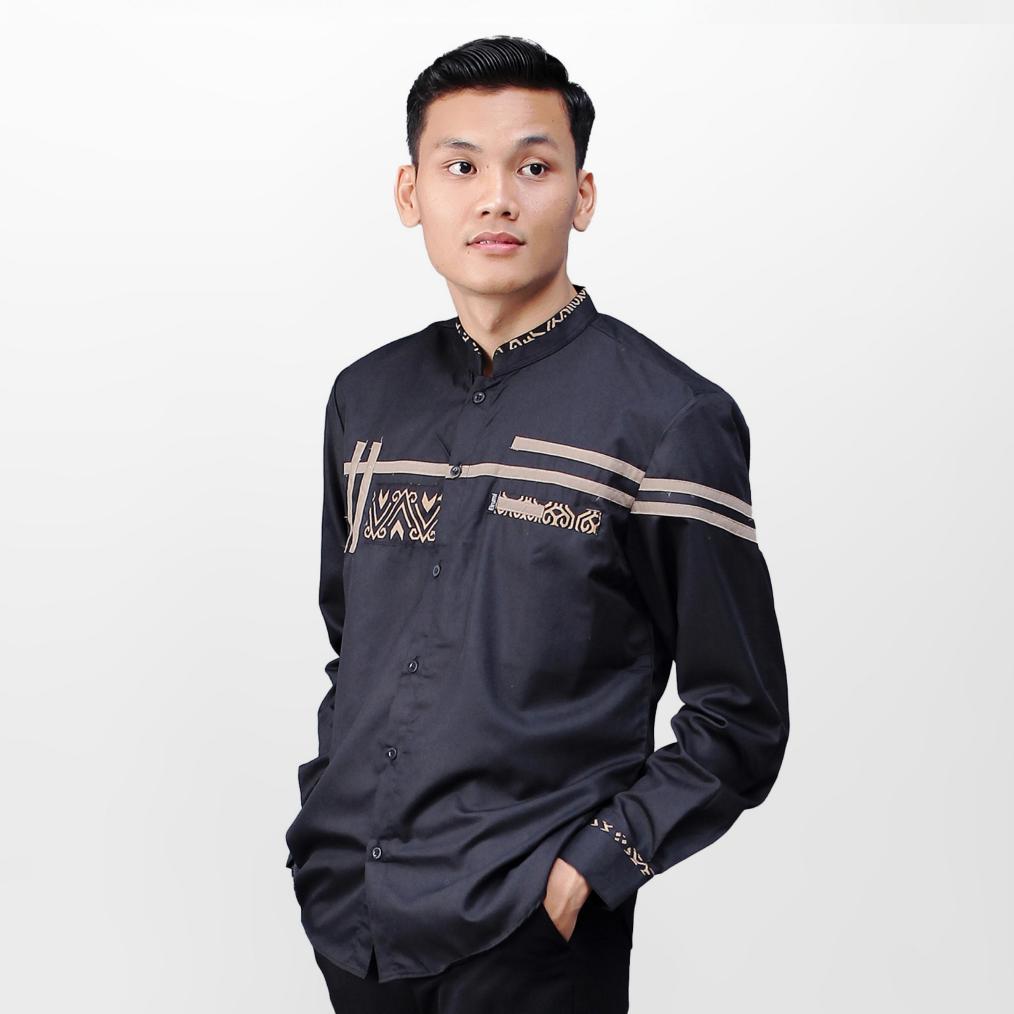 PALING LARIS Baju Koko Pria Dewasa Elrumi Lengan Panjang Motif Zolied Warna Hitam Kombinasi Batik PA
