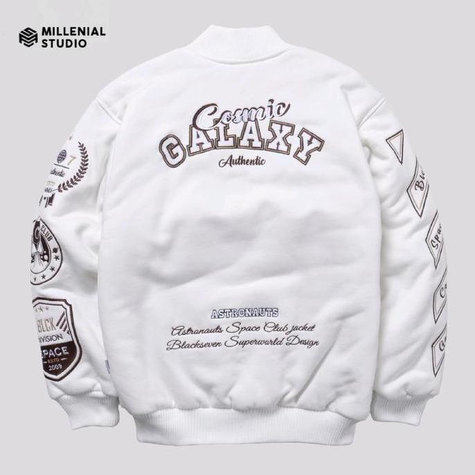 Xxpi- Varsity Jacket Cosmic Galaxy Full White Blackseven | Jaket Couple Pria Wanita | Jaket Baseball