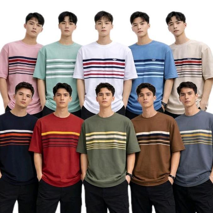 Lansungkirim- 4 Pcs 100.000 Kaos Distro Pria Wanita M L Xl Xxl 3Xl Sablon Motif Garis Salur Polo Baj