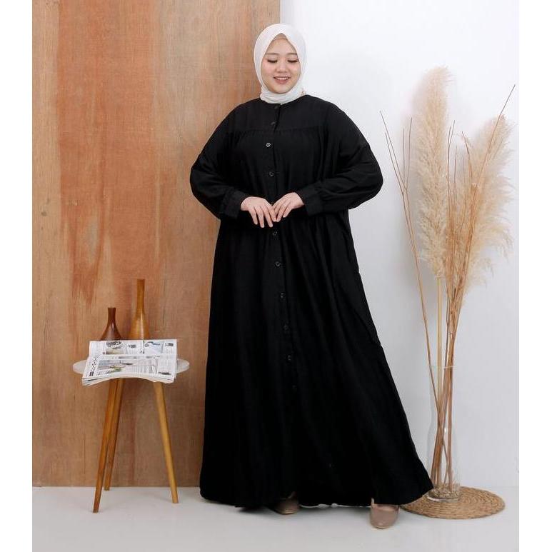 Gamis Jumbo Wanita Warna Hitam Ld 130 Dan Ld 140 Cm Model Polos Kekinian Kancing Muslim