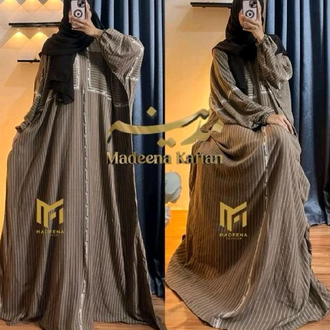 Madeena Kaftan Motif Salur Gamis Abaya Mewah Wanita Muslimah Dress Panjang Remaja Dewasa Bahan Rayon