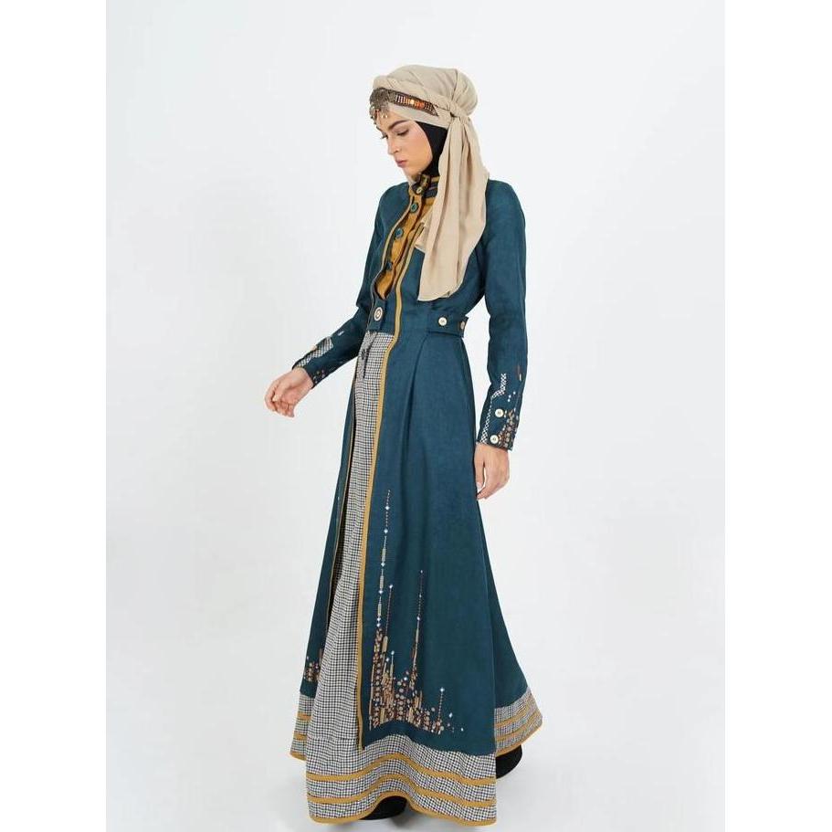 Tuneeca Gamis Nia Bensalem T-1125003 Mewah Elegan Look Two Pieces Warna Hijau Botol Bordir Rok Busui