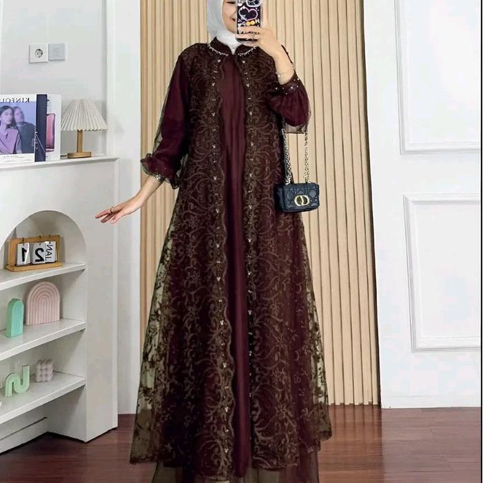 CUCI GUDANG - GAMIS BROKAT TANGAN BALON Dress Muslim Nyaman