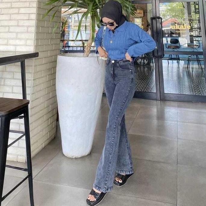 Willply Highwaist Cutbray Stretch Melar Celana Jeans Panjang Wanita Karet Hitam Karet Hitam