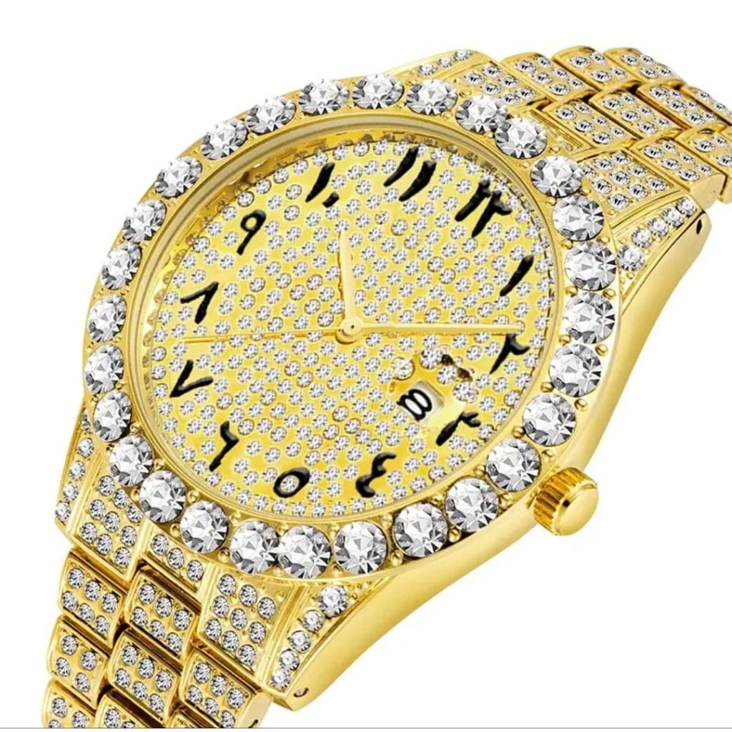 Jam Tangan Pria Fashion Arabic Numeral Watch 18K Gold Big Diamond Iced Out Watch