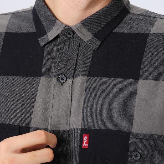 EDWIN JEANS - BASTIEN BLACK GREY Kemeja Flanel Lengan Panjang Pria Casual Motif Kancing Top Man Shir