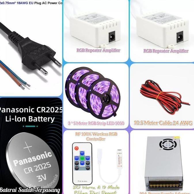 LAMPU FLEXIBLE LED 15 METER STRIP RGB 5050 REMOT WIRELESS ADAPTOR 20A