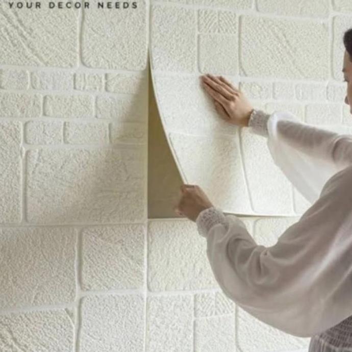 PAKET WALLPAPER FOAM 3D PEREDAM PANAS DAN SUARA PADA DINDING PLAFON MOTIF BATU ALAM BATA PUTIH TEBAL