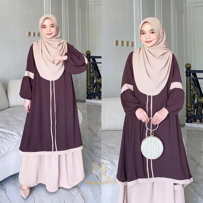 (LS) Oneset Nayyara Setelan Rok tunik Syari Jumbo Ld 120 Set Tunik Malaya Terbaru - Emracollect.id