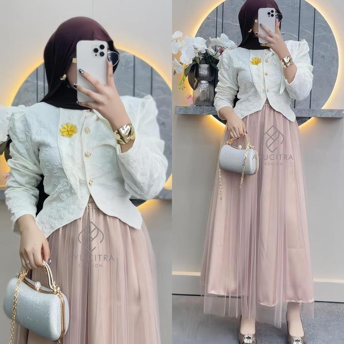 (LS) Varetta Oneset Kemeja Motif Bunga Timbul Mix Rok Tutu