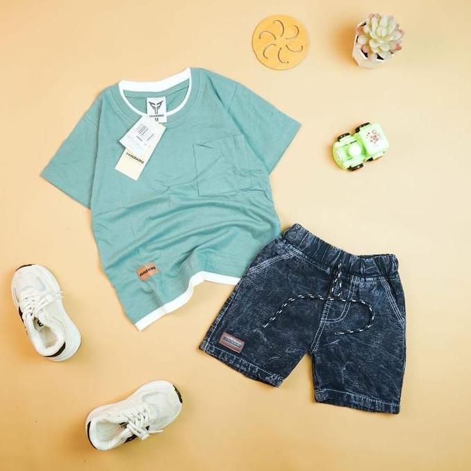 BRAVEKIDS - SETELAN KAOS POCKET TWO LAYER POLOS ANAK COTTON COMBED 24S CELANA DENIM Fashion