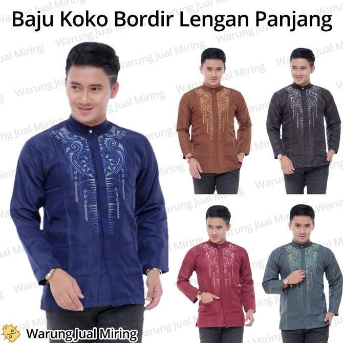 Baju Koko Lengan Panjang Bordir Klasik Kemeja Formal Kantong Polos Dobby Kokoh Tangan Adem Dewasa Pr